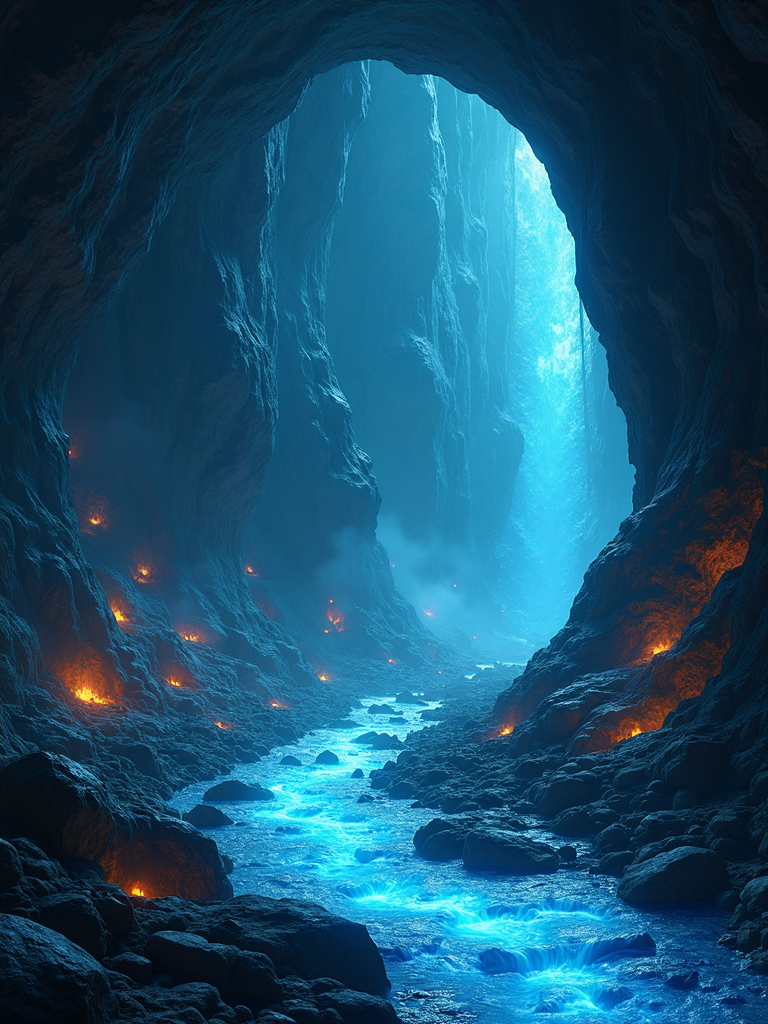 In a mysterious cave, countless glowing gems are inlaid on the walls. From the depths of the cave, there are bursts of low rumbling sounds, as if there is some huge power sleeping. On the ground of the cave, there is a river flashing with light flowing, and the river water exudes a mysterious atmosphere.