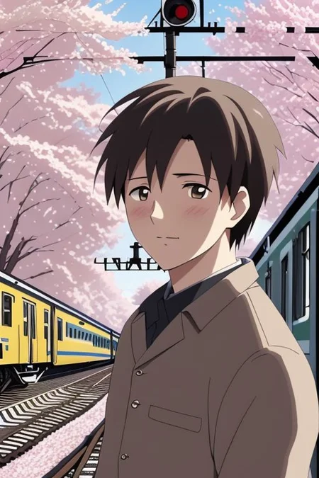 high resolution, solo, best quality, 1Boy, Takaki Toono, Brownish Hair, Brown Eyes, Train Crossing, Sakura, Cherry Blossom, OverallDetail