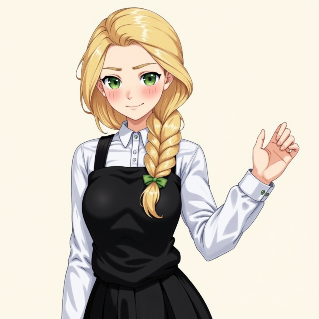 1girl,blonde hair,single braid,green eyes,white shirt,collared shirt,hair over shoulder,black vest,black skirt,Detailed hand,Hand,Perfect hand