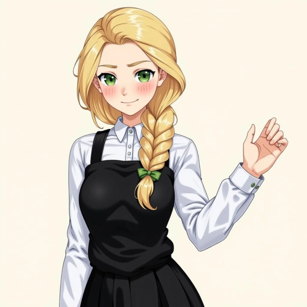1girl,blonde hair,single braid,green eyes,white shirt,collared shirt,hair over shoulder,black vest,black skirt,Detailed hand,Hand,Perfect hand