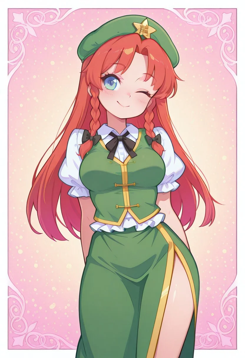 incredibly_absurdres, amazing_background, best quality, pastel_colors, bright_colors, colorful, soft_colors, white border, 1girl, solo, smile, wink, kawaii_babes_style, SNRA-illu,
hong meiling, 1girl, solo, twin braids, skinny, medium breasts, hair bow, green hat, beret, star hat ornament, white shirt, green vest, puffy short sleeves, green skirt,