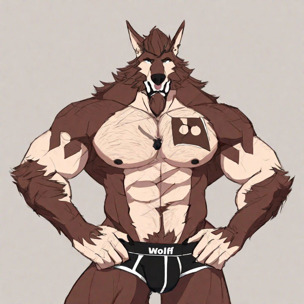 solo, looking at viewer, short hair, 1boy, navel, animal ears, underwear, nipples, tail, male focus, thighs, penis, armpits, stomach, pubic hair, uncensored, muscular, feet out of frame, facial hair, thick thighs, erection, abs, testicles, underwear only, wolf ears, pectorals, muscular male, male pubic hair, bara, wolf tail, clothing aside, furry, large pectorals, arm behind head, topless male, mature male, furry male, precum, male underwear, chest hair, navel hair, brown fur, armpit hair, tusks, wolf boy