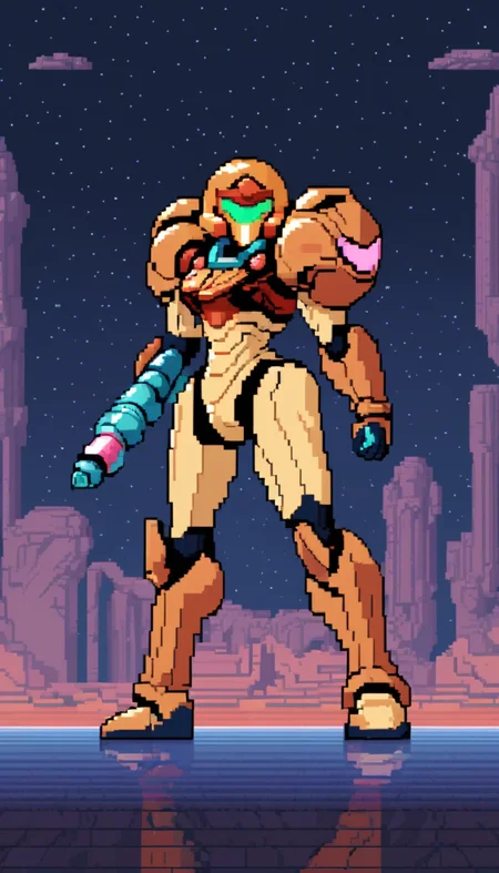 pixel-art Cinematic scene, hero view, Samus Aran <lora:samus_aran_xl_v1:1>, action pose, detailed background, masterpiece, best quality, high quality, highres, absurdres . low-res, blocky, pixel art style, 8-bit graphics