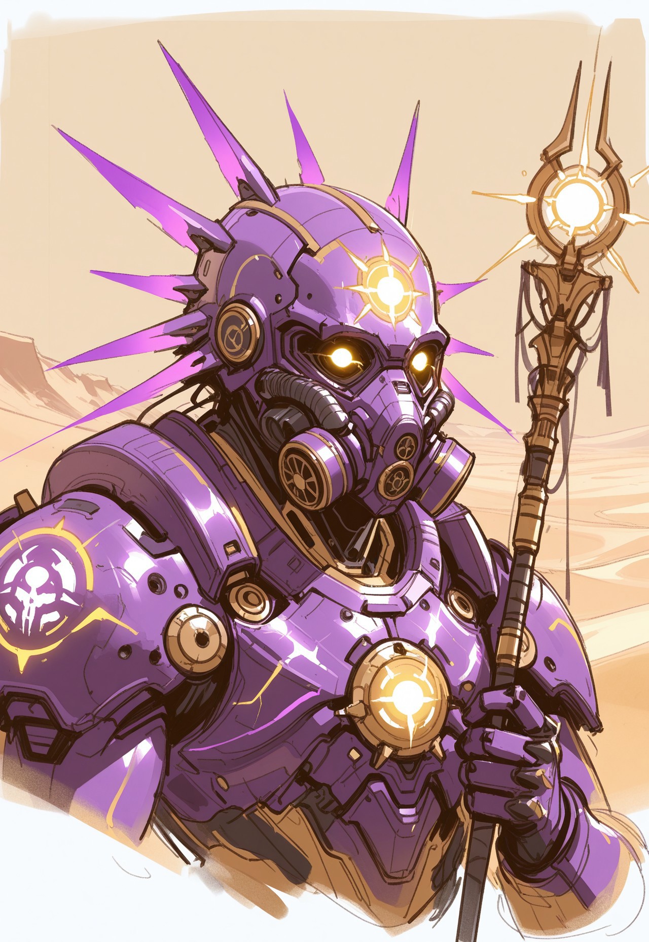 concept art, sketch, best quality, 1boy, male focus, purple armor, gas mask, power armor, glowing eyes, holding staff, sun-shaped helmet, desert, yellow sand, portrait