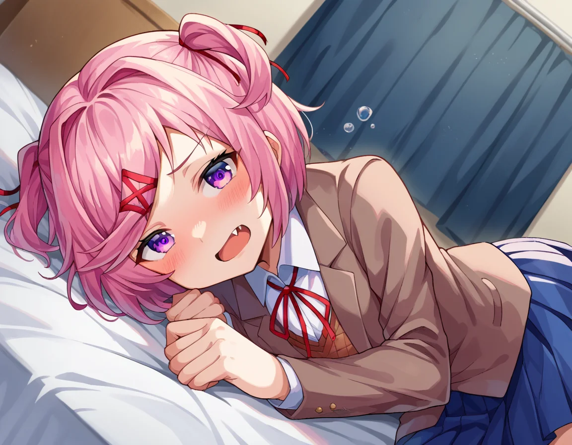score_9, score_8_up, score_7_up, source_anime,
ddlcnatsuki, <lora:ddlc-natsuki-ponyxl-lora-nochekaiser:1>
ddlcnatsuki, fang, hair ornament, pink hair, purple eyes, short hair, short sidetail, swept bangs, x hair ornament,
blazer, blue skirt, brown jacket, collared shirt, jacket, long sleeves, miniskirt, neck ribbon, pleated skirt, red ribbon, ribbon, school uniform, shirt, skirt, swept bangs, vest, white shirt, wing collar, x hair ornament,
indoors, bed, bed room, on side, blush, drunk,
looking at viewer, dutch angle, cowboy shot,
