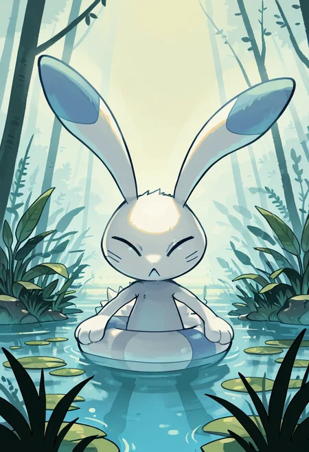 masterpiece, best quality, no humans, zzWarabbit, swamp, foggy dawn, lily pads, still water, close-up, atmospheric lighting, focused eyes, mystical mood â In the misty calm of early dawn, zzWarabbit rests silently atop a moss-covered rock, surrounded by lily pads. Fog clings low over the water as pale morning light filters through the reeds. Its eyes remain alert, unblinking, attuned to the quiet rhythm of the swamp. <lora:WarabbitPokedex_IXL:1.0>,