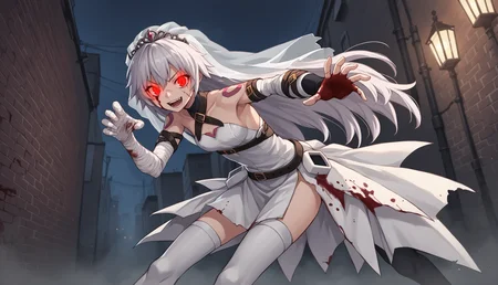 1girl, very long hair, side slit, grey hair, red eyes, scar on face, scar on cheek, scar across eye, shoulder tattoo, bandages, bandaged arm, arm belt, belt, sleeveless, bride, wedding dress, fingerless gloves, single glove, thigh boots, thighhighs, seuctive smile, fighting stance, glowing eyes, outoors, alley, london, red eyes, cowboy shot, mist, night, night sky, horror \(theme\), blood, blood stains, fighting stance, reaching towards viewer, <lora:Jack_the_Ripper_XL:0.8>, score_9, score_8_up, score_7_up, score_6_up, score_5_up, score_4_up, BREAK source_anime, masterpiece