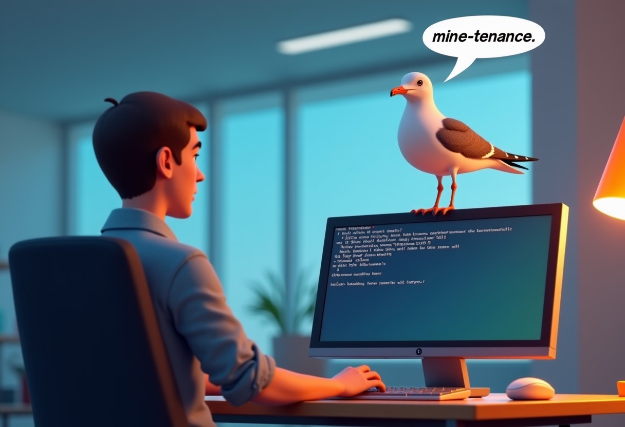 Seagull sitting ontop of the monitor looking at man working on computer in office, windows error screen on monitor, pixar 3D animation style, speech bubble from seagull saying "mine-tenance"