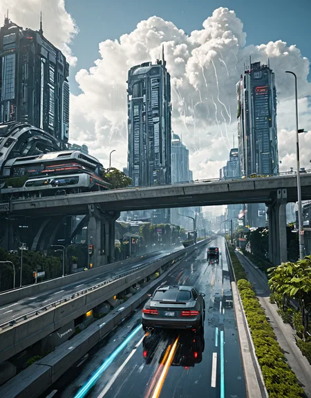 <lora:City_Worlds-1:1> realistic photo of citybkg, cyberpunk, day, clouds, sunny, ambiance, detailed, futuristic, elevated highway, street, high buildings, houses, vegetation, ambiance, day, clouds, very detailed, elevated highway, design buildings, futuristic, side view, high buildings, illuminated, city lights, reflections, car rear, mist, motion blur, smoke, speed, wet, rain