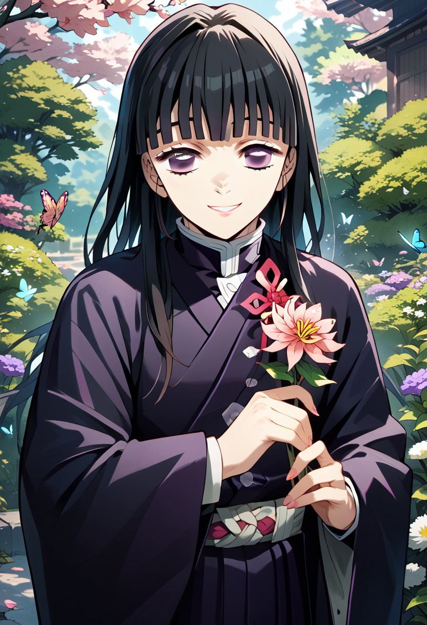 score_9,score_8_up,score_7_up,source_anime, tsuyuri kanao,1girl,solo,long hair,smile,long sleeves,holding,flower,japanese clothes,bug,butterfly,holding flower,demon slayer uniform,