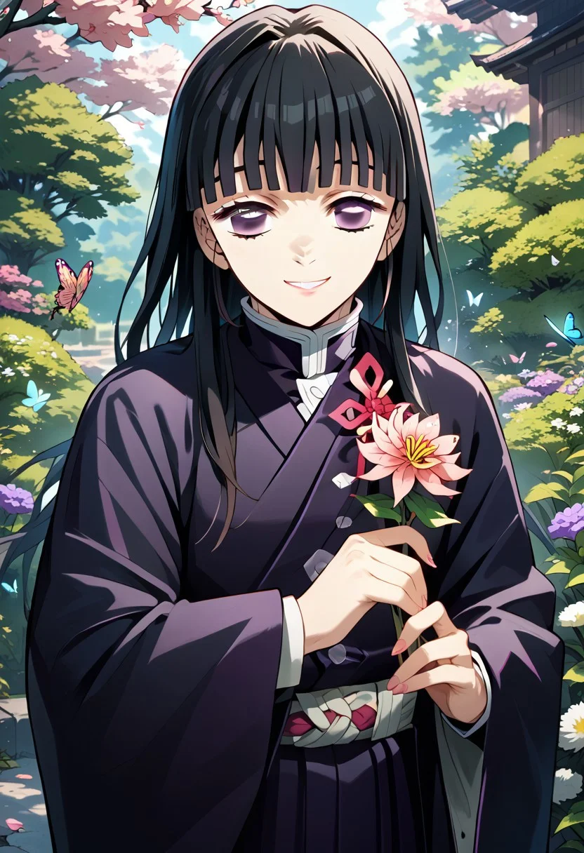 score_9,score_8_up,score_7_up,source_anime, tsuyuri kanao,1girl,solo,long hair,smile,long sleeves,holding,flower,japanese clothes,bug,butterfly,holding flower,demon slayer uniform,