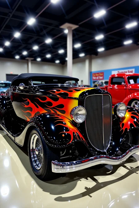 <lora:Hot_rod__style:0.8>
A stunning, custom-built hot rod with an aggressive, low-slung stance sits under the showroom lights, its bodywork a perfect fusion of classic American muscle and modern show-stopping aesthetics. The deep, glossy black paint serves as a dramatic canvas for the fiery airbrushed flames that surge from the front grille, licking across the curved fenders and stretching along the sculpted side panels in a seamless display of artistry. The exaggerated front grille, lined with menacing chrome teeth, gives the car a predatory presence, while the oversized headlights protrude slightly, enhancing its vintage yet radical appearance. Gleaming chrome accents highlight every sharp contour, from the intricate bumper details to the massive rear fenders that frame polished deep-dish racing wheels wrapped in wide, high-performance rubber. The ultra-low ride height and sleek, chopped roofline add an unmistakable air of speed and dominance, making this automotive masterpiece a rolling embodiment of power, attitude, and untamed energy.