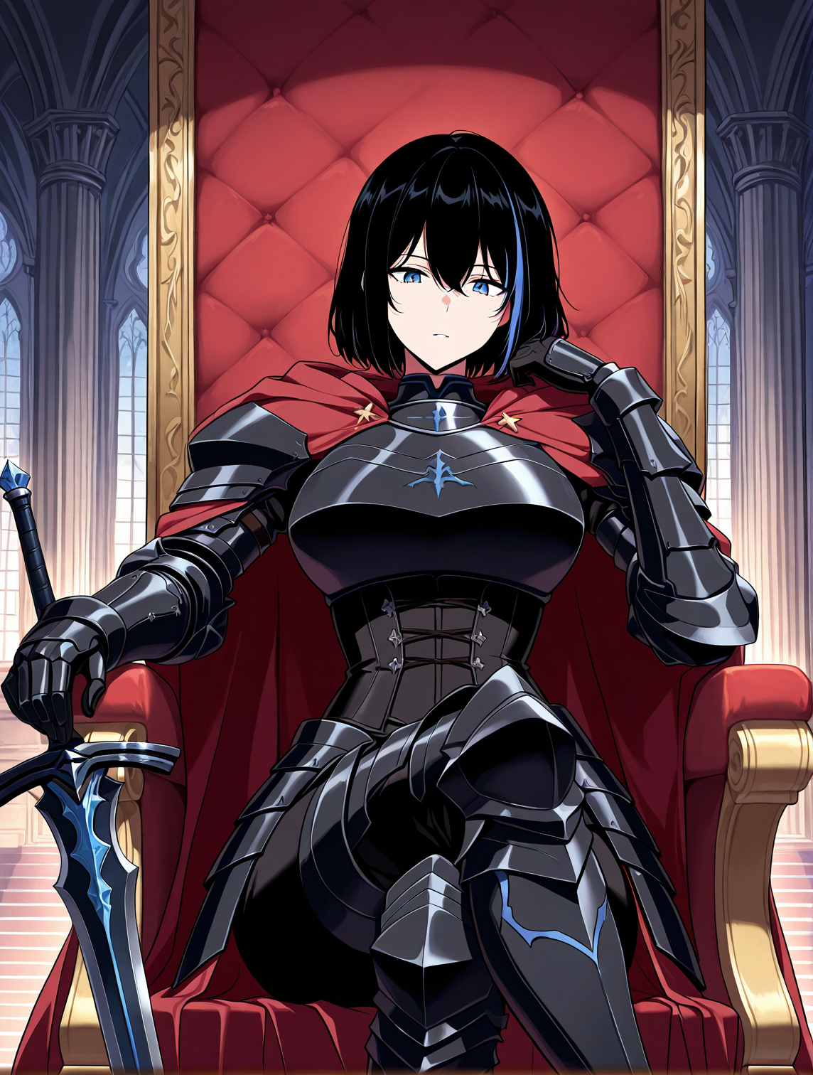 <lora:Cheon_Soyeon__The_Knight_King_Who_Returned_with_a_God__Illustrious:1>
1 girl, solo, black hair, short hair, loose hair, blue hair streak, multicolored hair, streaked hair, bangs, hair between eyes, blue eyes, large breasts
black armored boots, black armored armor, black corset, red cape, gauntlets, black gloves, black pants
zPDXL3, score_9_up, score_8_up, score_7_up, (Anime_source),Masterpiece,(perfect female body:1.2), small waist,(incredibly detailed:1.4), slim, beautiful fingers, sword masterpiece, best quality,high quality, newest, highres,8K,HDR,absurdres, parted lips, looking at viewer, sitting on throne, crossed legs, castle room background