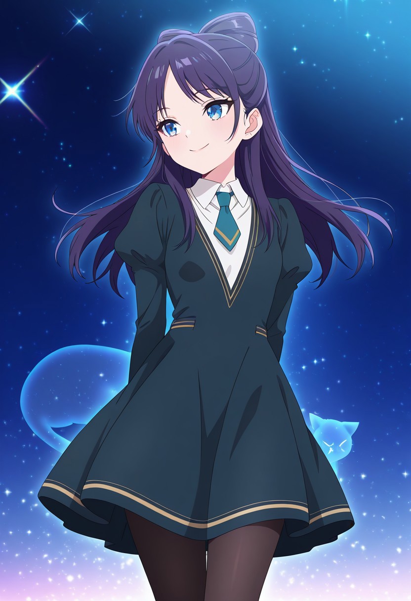 (absurdres, best quality, masterpiece:1.4), amazing quality, highres, newest, detailed, detailed body, detailed face, source anime, anime coloring, beautiful, petite, sparkles,
BREAK
WWNemu, 1girl, solo,  smile, NemuAniHu, dark purple hair, bow-shaped hair, parted bangs, half updo, blue eyes, v-neck dress, white inner collared shirt, Short necktie, juliet sleeves, long skirt, black pantyhose, NemuCat, transparent cat,