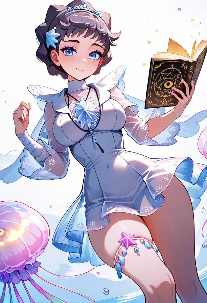 masterpiece, best quality,  curvy, beautiful eyes, narrow waist, wide hips, smile, looking at viewer, dynamic angle, foreshortening, close up,    zzDiantha, diantha (pokemon), blue eyes, grey hair, short hair, makeup, eyeshadow,  <lora:DianthaPokemon_IXL:1.0>  [Moonlit Abyss Oracle], starfish lace top, high-collar jellyfish mantle, translucent manta skirt, netted leg wraps, seashell tiara with moonstone, layered shimmer sleeves, glow-string arm wraps, scale-textured thigh-high boots, glowing oracle rings, ancient tome, deep trench backdrop, ethereal lighting,