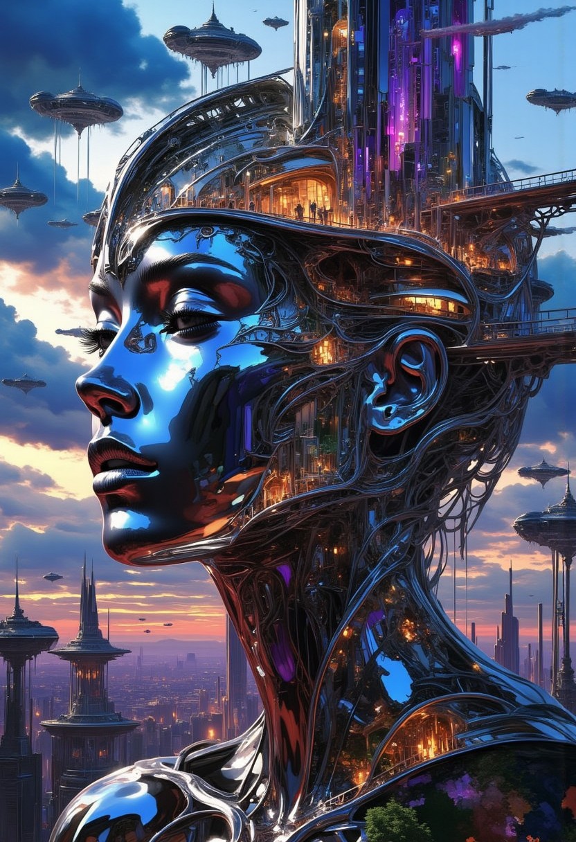 A retro-futuristic cityscape forms the massive profile of a serene, metal woman’s head, seamlessly blending human features with intricate architectural elements. Her face serves as the city’s foundation, with towering skyscrapers on her forehead and temples, glowing with neon windows. Her hair flows as metallic structures and bridges, interwoven with train tracks, suspended walkways, and glowing signs. Smaller buildings cascade along her jawline, creating a harmonious urban sprawl.
The city is alive with detail: tiny figures move across her cheekbone plazas, bustling markets thrive on her lips, and balconies line her nose and chin. Flying vehicles zip through the air, leaving colorful light trails as they navigate the futuristic skyline. Art deco-inspired facades and chrome accents dominate, giving the city a bold, vibrant aesthetic. Her closed eyes shimmer as reflective glass, and her ears double as observation decks.
Her collarbone extends into a grand platform supporting monuments and lush gardens, while steam rises gently from vents near her temples, giving her a lifelike presence. The moody, dusky sky glows with light from the city and hovering vehicles, blending natural beauty with advanced technology. The entire scene evokes a sense of awe, a vision of humanity’s integration with architecture.