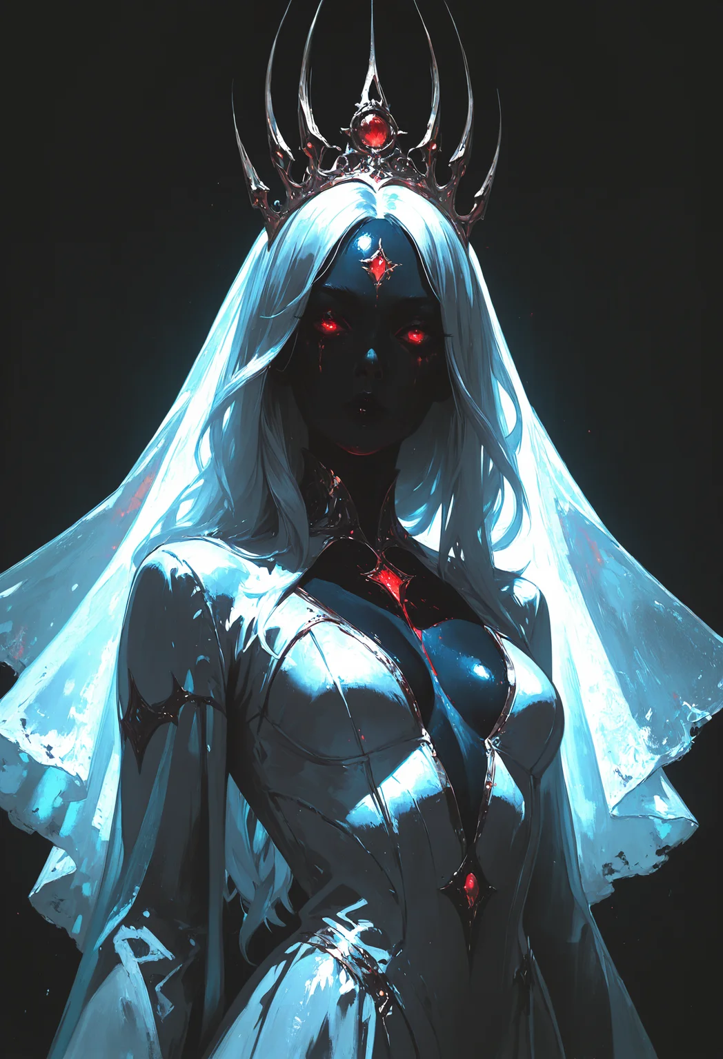 masterpiece, best quality, good quality, very awa, very aesthetic, absurdres, newest, 1girl, solo, long_hair, looking_at_viewer, red_eyes, dress, cleavage, upper_body, white_hair, small_breasts, white_dress, clothing_cutout, colored_skin, glowing, facial_mark, cleavage_cutout, black_background, crown, tiara, veil, glowing_eyes, forehead_mark, wedding_dress, center_opening, bridal_veil, grey_skin, forehead_jewel, dark_background, black_skin, plunging_neckline, blood_from_eyes, scenery, volumetric lighting, opill