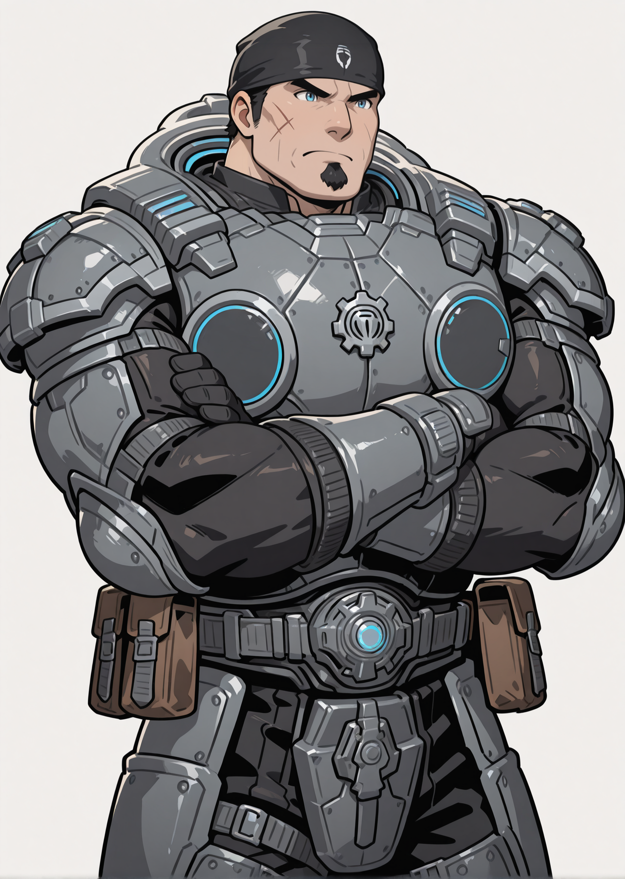 <lora:Marcus_Fenix_IL:1.2> og_marcus_fenix, 1boy, mature male, male focus, solo, white background, cowboy shot, muscular, bara, top less, power armor, grey belt pouch, black pants, black short hair, blue eyes, scar on face, pose, goatee, wrinkles, black bandana, crotch plate, leg armor, frown. arms crossed, masterpiece, best quality