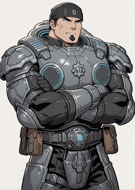 <lora:Marcus_Fenix_IL:1.2> og_marcus_fenix, 1boy, mature male, male focus, solo, white background, cowboy shot, muscular, bara, top less, power armor, grey belt pouch, black pants, black short hair, blue eyes, scar on face, pose, goatee, wrinkles, black bandana, crotch plate, leg armor, frown. arms crossed, masterpiece, best quality