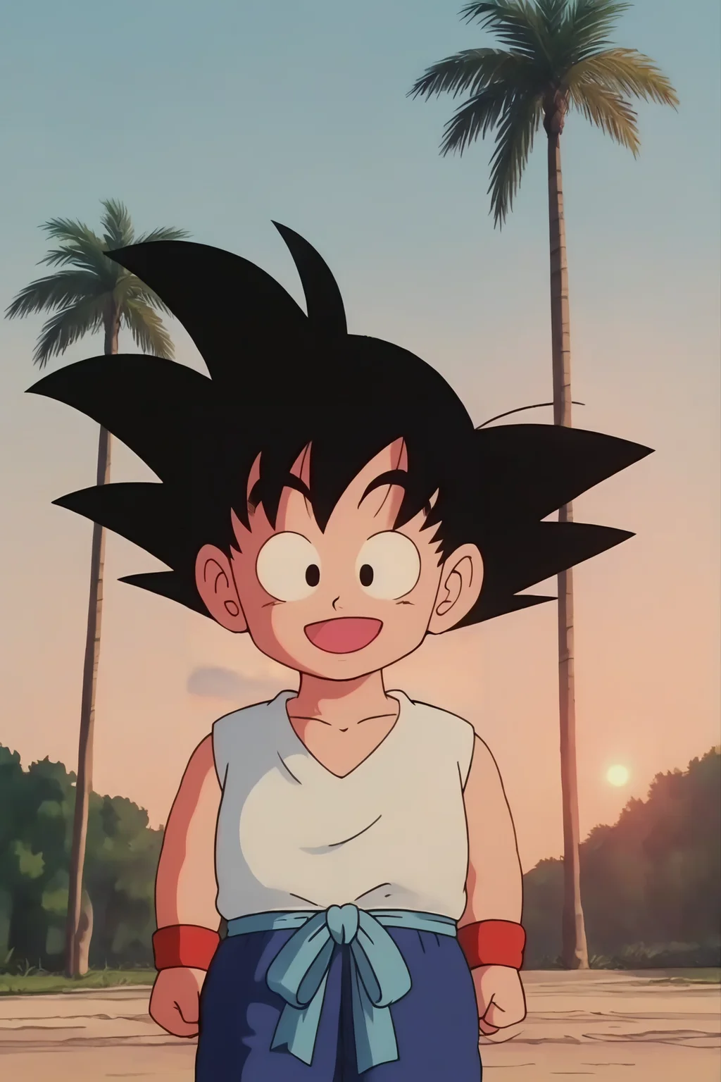 source_anime, score_9, score_8_up, score_7_up, anime screencap,8k, absurd res,
son goku, solo, smile, open mouth, black hair, 1boy, :d, male focus, outdoors, sky, cloud, black eyes, tree, cloudy sky, grass, spiked hair, wristband, palm tree, arms at sides, dougi, red wristband, (white vest), sun, sunset, raised eyebrows, male child, looking at viewer, cowboy shot, clenched hands, chibi, blue pants, blue sash, collarbone, sleeveless
<lora:gokudb_pony_v3:0.8>