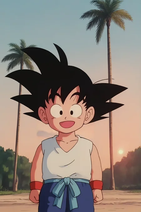 source_anime, score_9, score_8_up, score_7_up, anime screencap,8k, absurd res,
son goku, solo, smile, open mouth, black hair, 1boy, :d, male focus, outdoors, sky, cloud, black eyes, tree, cloudy sky, grass, spiked hair, wristband, palm tree, arms at sides, dougi, red wristband, (white vest), sun, sunset, raised eyebrows, male child, looking at viewer, cowboy shot, clenched hands, chibi, blue pants, blue sash, collarbone, sleeveless
<lora:gokudb_pony_v3:0.8>