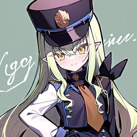 1girl, Melusine \(fate grand order\), fate grand order, solo, long hair, hat, white hair, pointy ears, yellow eyes, peaked cap, jacket, black gloves, hand on own hip, closed mouth, hair over one eye, looking at viewer, brown necktie, large breasts, eyes visible through hair, smile, long sleeves, side ponytail, gloves, upper body, light green hair, character name, necktie, breasts, english text, blush, black headwear, white jacket, 
masterpiece,best quality,  newest, absurdres, safe <lora:ag31_twin_fp8-000036:1>