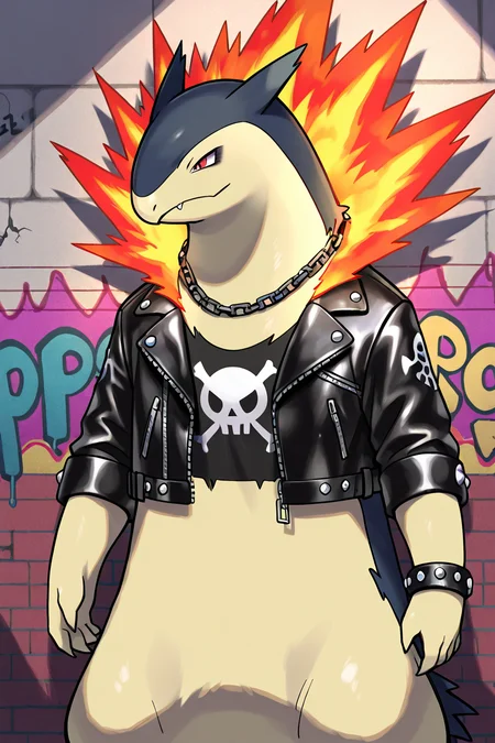 masterpiece, best quality, no humans, pokemon (creature), fire, <lora:TyphlosionPokedexIXL:1.0>, Goth Punk, zzTyphlosion in black leather jacket, studded bracelet, dark makeup, moody expression, urban alleyway, graffiti wall, chain, band tee