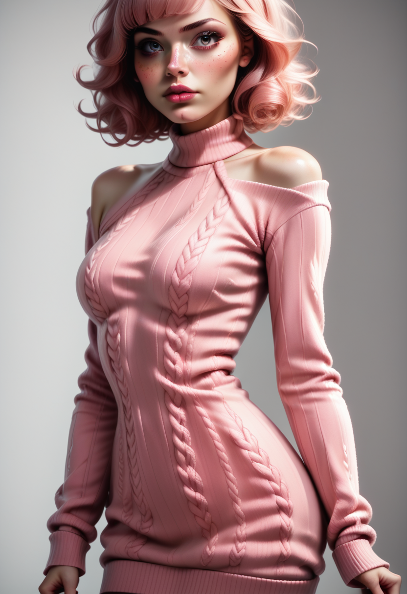 score_9, score_8_up, score_7_up, source_photo, 1girl, solo, d4rk_r0s4, realistic, beautiful eyes, sexy sweater dress, pink dress, long sleeves, bare shoulders, <lora:Dark_Rosa_Pony_v0.2:0.7>