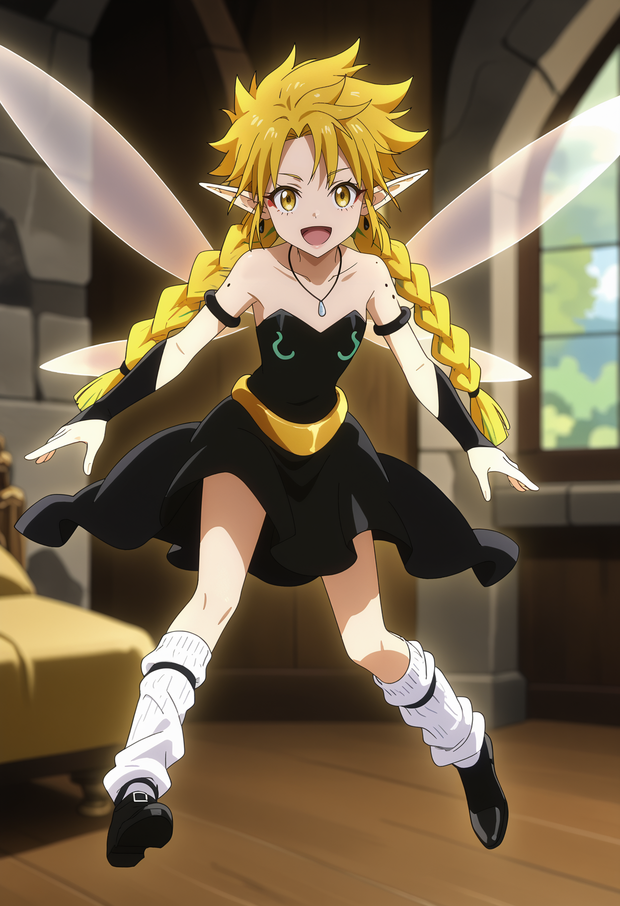 score_7_up, anime screencap,
<lora:TenSura_RamirisXL:0.9>, RamirisTS,
1girl, solo, open mouth, smile,
long hair, twin braids, blonde hair, yellow eyes, pointy ears, facial mark, fairy wings, mole on arm,
strapless dress, black dress, armlet, necklace, gold belt, bridal gauntlets, black gloves, loose socks, white socks, black footwear,
aura,
flying, looking at viewer,
blurry background, indoors, cave