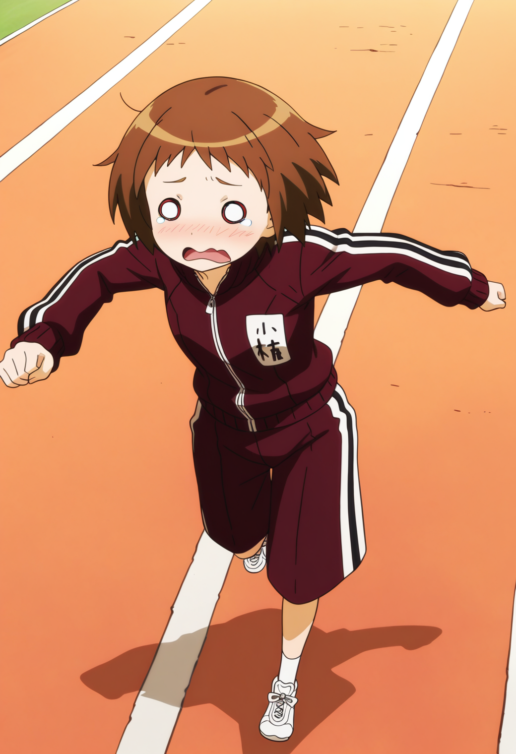 masterpiece, best quality, very aesthetic, absurdres, 1girl, solo,
<lora:ogura_shio_v01:0.9>, ogura_shio, shio_tracksuit, brown hair, short hair, red eyes,
track suit, gym shorts, white sneakers, running, o_o, wavy mouth, open mouth