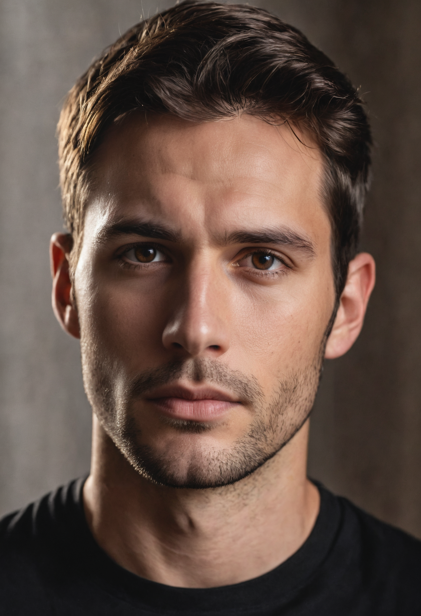 high quality, face portrait photo of 30 y.o european man, wearing black shirt, serious face, detailed face, skin pores, cinematic shot, dramatic lighting