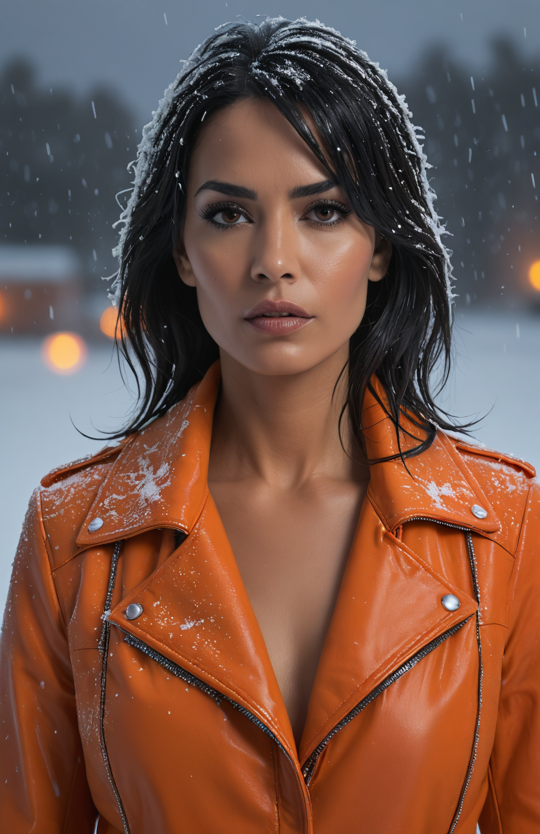 a woman, she is from Libya, 37 years old, Layered with Curtain Bangs, despair, makeup, wearing Traffic orange repeat drape leather jacket, by Erwin Olaf, realistic, high detailed skin, studio lighting, shallow depth of field, heavy snow fall in the beginning of evening, (masterpiece, high quality:1.1), (highly intricate details:1.1), (best quality:1.1) (8K, UHD:1.1)<lora:add-detail-xl:1><lora:xl_more_art-full_V1:0.5><lora:RMSDXL_Enhance:2><lora:DetailedEyes_V3.SDXL:1>