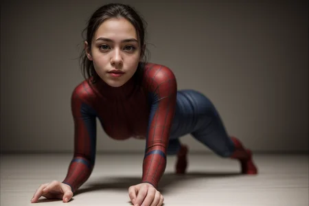 Marvel movies,from below,photo of a 18 year old girl,spiderman,practicing push-up,happy,ray tracing,detail shadow,shot on Fujifilm X-T4,85mm f1.2,sharp focus,depth of field,blurry background,blurry foreground,bokeh,motion blur,<lora:add_detail:1>,<lora:LCM_LoRA_Weights_SD15:1>,