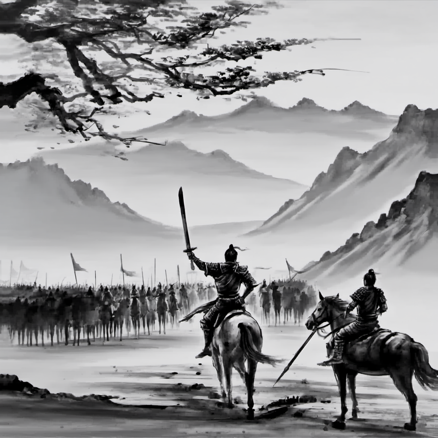 <lora:ink_xiakexing_xl:0.8>,tree,mountains,
ink painting,a painting of a man on a horse with a sword in his hand and a group of men on horses in the background,1boy,holding,monochrome,weapon,greyscale,male focus,sword,holding weapon,armor,helmet,polearm,spear,riding,holding polearm,horse,horseback riding,letterboxed,spot color,