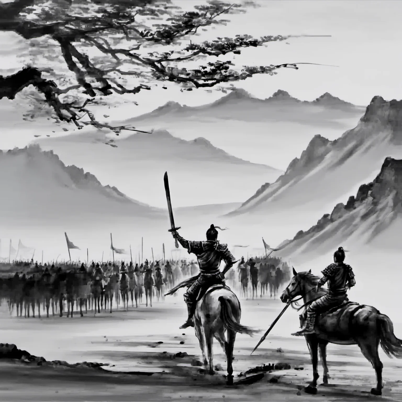 <lora:ink_xiakexing_xl:0.8>,tree,mountains,
ink painting,a painting of a man on a horse with a sword in his hand and a group of men on horses in the background,1boy,holding,monochrome,weapon,greyscale,male focus,sword,holding weapon,armor,helmet,polearm,spear,riding,holding polearm,horse,horseback riding,letterboxed,spot color,