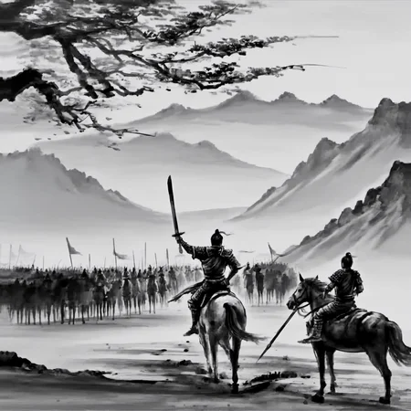 <lora:ink_xiakexing_xl:0.8>,tree,mountains,
ink painting,a painting of a man on a horse with a sword in his hand and a group of men on horses in the background,1boy,holding,monochrome,weapon,greyscale,male focus,sword,holding weapon,armor,helmet,polearm,spear,riding,holding polearm,horse,horseback riding,letterboxed,spot color,