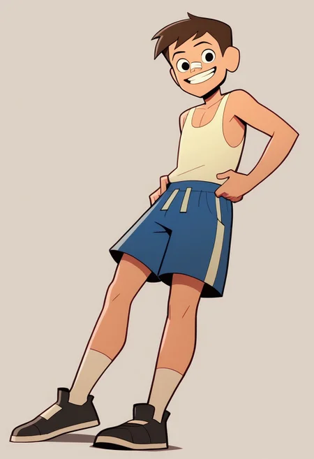 score_9, score_8_up, score_7_up BREAK LuckyLay, 1boy, brown hair, black eyes, nose bandage, white tank top, blue shorts with white stripe, socks with red stripe, black shoes, solo, solo focus, cartoon, source_cartoon, full body, smiling at viewer,