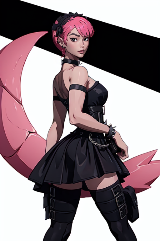 masterpiece,best quality,face detail,extreme detail,8k,white background,<lora:minapark:0.7>,minapark,1girl,solo,looking at viewer,short hair,skirt,thighhighs,dress,jewelry,standing,pink hair,choker,belt,black thighhighs,black eyes,black dress,bracelet,thigh strap,spikes,pouch,spiked bracelet,gothic,wide hips,from behind,cowboy_shot,looking back,