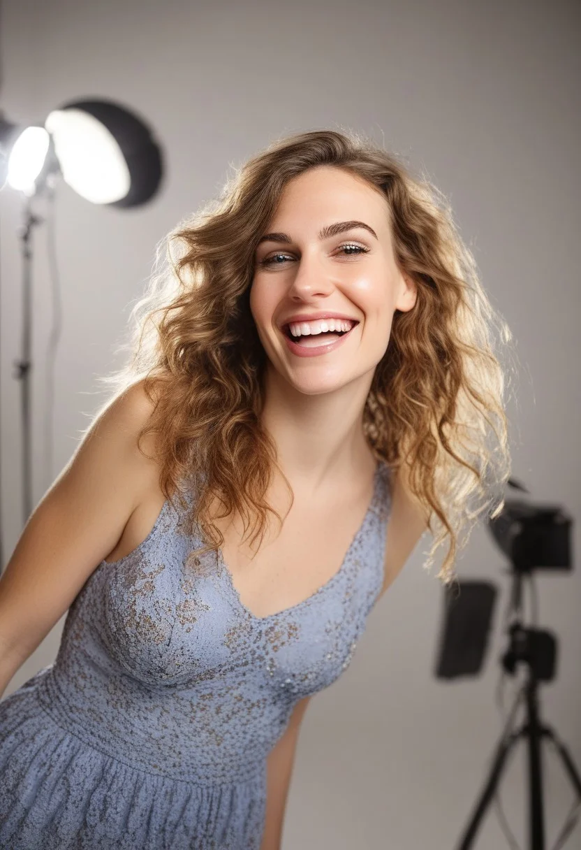 30yo american woman in a photostudio
Modeling High cut, high Quality Dress.
Slight makeup, heavy rimmel. Clear skin. realistic skin style
Long messy stylish hair.
Shooting light, indors, cable light
Studio background.
Winking, lip bite. Smiling. \(biting on own lips\)
Bokeh. Heavy Bokeh light.
