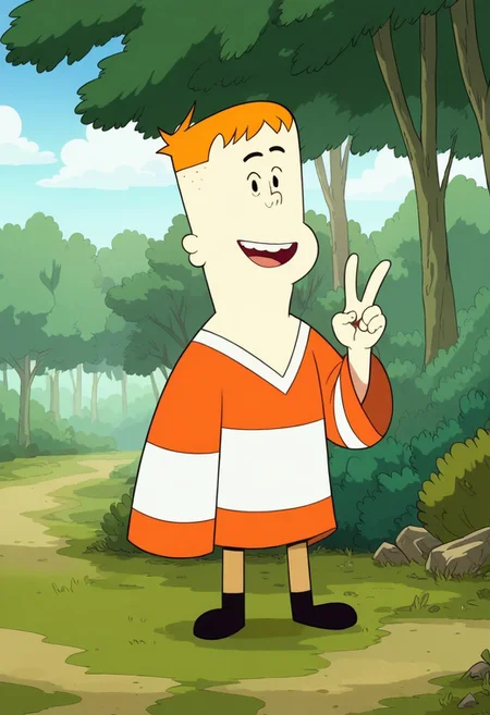 score_8, score_8_up, score_7_up, 1boy, solo, JP_Cotc, light skin, black eyes, small eyes, orange hair, short hair, long-sleeve orange-white striped hockey jersey, V-neck, tan pants, black shoes, full body, smile, standing, outside, grass, forest, Sunny, Blue sky, looking at the viewer, happy, hean on, perfect eyes