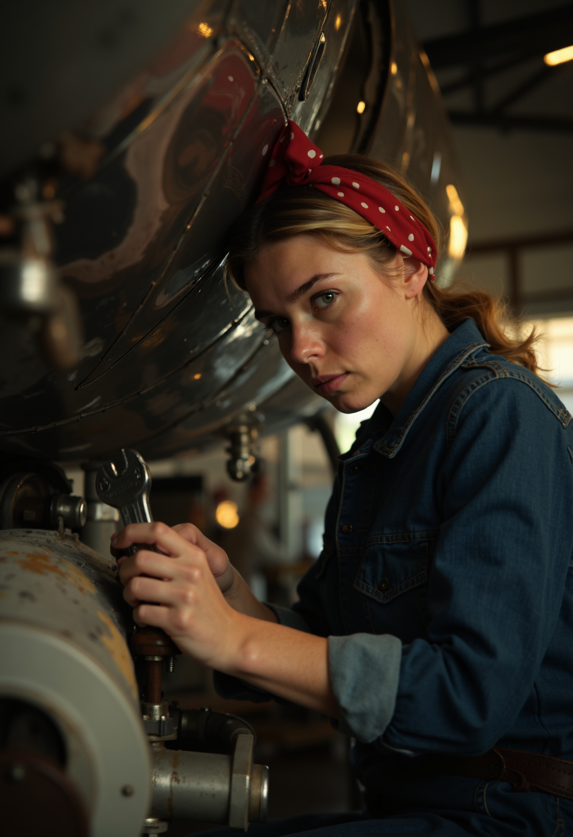 cinematic film still A close-up shot of d14m0nd's as she works under the wing of a vintage Chrome World War 2 B-17 Bomber, the kind of aircraft that Rosie the Riveter would have worked on. The light is golden and soft, like the warm glow of a summer evening in a small American town during wartime. The camera angle is low, from just above d14m0nd's hands, giving a sense of intimacy and immediacy to the scene. The background is blurred, with only hints of the aircraft's massive wings and engines visible, emphasizing the subject's focus on her work.
D14m0nd herself is dressed in a crisp, navy blue jean work jacket, red bandana with white polka dots on her head. Her eyes are narrowed in concentration as she works with a combination wrench, her fingers moving deftly as she tightens a bolt. The chrome aircraft shines like polished steel, its paint faded to a warm patina from years of service.
The lighting is soft and even, with a slight highlight on d14m0nd's face that catches the curve of her cheekbone. Her skin has a warm, golden undertone, as if kissed by the sun. The focus is sharp, with only the slightest hint of blur on d14m0nd's hands as she works.
The atmosphere is one of quiet concentration, the only sound the soft hum of a nearby engine and the occasional creak of metal as d14m0nd works. The color palette is muted, with shades of navy blue, chrome, and warm wood tones dominating the scene.
In terms of technical qualities, the image should have a high level of detail, with textures and materials accurately rendered. The camera should be positioned to capture the subtle play of light on d14m0nd's skin and the aircraft's metal surfaces. The overall mood should be one of calm intensity, capturing the sense of focus and determination that defines Rosie the Riveter.
Quality-boosting suffix: "Render this image with photorealistic details, high resolution, and professional photography aspects. Emphasize the textures and materials of the aircraft and d14m0nd's clothing, and capture the subtle play of light on her skin. Use a wide-angle lens to emphasize the size and scale of the aircraft, and position the camera to capture the intimacy and immediacy of d14m0nd's work." . shallow depth of field, vignette, highly detailed, high budget, bokeh, cinemascope, moody, epic, gorgeous, film grain, grainy