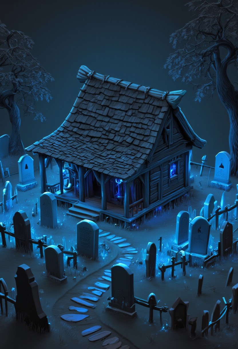 ((masterpiece, best quality)), absurdres, StylizedSetting, 
old wooden shack, spooky graveyard, graves, glowing blue lights,