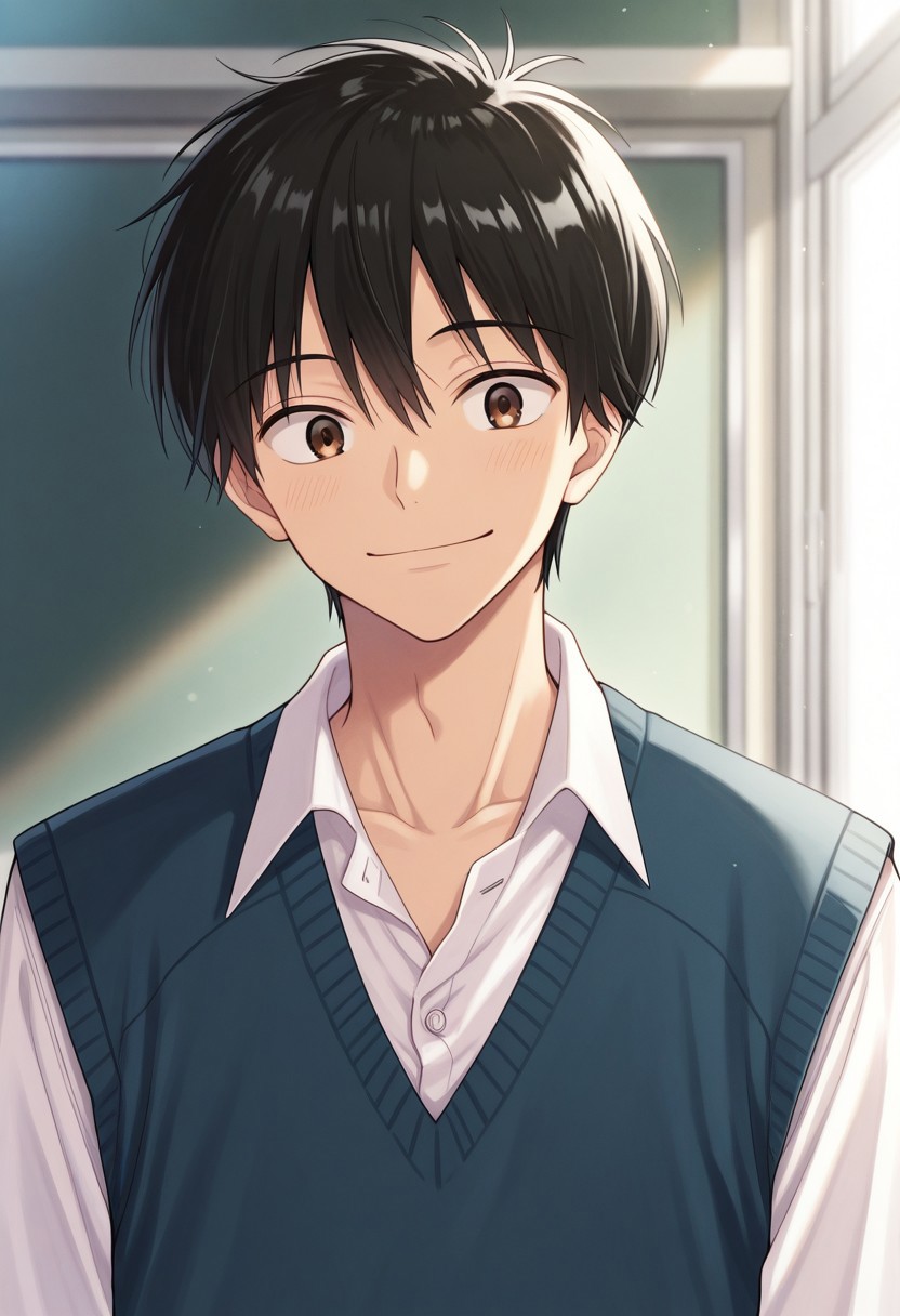 masterpiece,best quality,amazing quality, source_anime, 
kazahaya, 1boy, male focus, solo, brown eyes, black hair, school uniform, shirt, white shirt, collared shirt, vest, sweater vest, blue vest,
smile,
