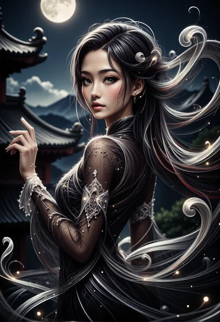 mad-wsps, xslx scribble, detailmaximizer. A medium close-up of a stunning young Asian woman, captured from her shoulders up as she gracefully dances under the full moon. Her delicate, smoky makeup enhances her deep green eyes, giving them an otherworldly glow, while the moonlight accentuates the red shimmer in her deep black hair. Her hair is styled in a traditional Chinese manner, with part of it pinned up and the rest flowing freely. The ornate details of her black dress, adorned with subtle white embroidery along the collar and sleeves, are visible. Behind her, the decorative eaves of the palace rooftop are highlighted by the soft moonlight, adding to the spiritual and mystical atmosphere., <lora:RealisticAnimeFlux_v2.safetensors:1.0:1.0> <lora:Wisps_of_Light_FLUX.safetensors:0.8:0.8> <lora:scribble-flux-v1.safetensors:1.0:1.0> <lora:aidmaImageUpgrader-FLUX-V0.1.safetensors:0.5:0.5>