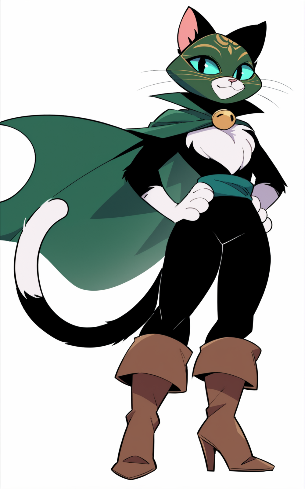 score_9, score_8_up, score_7_up,((best quality)), absurdres,((full body)),<lora:3d-2d:0.8>,    <lora:KittySoftpawsPXL:0.8>,KittySoftpawsPXL,furry,tail, animal nose, blue eyes,body fur,cat tail, white fur, black fur, cat ears, animal ears,boots, kneehigh boots, high heels, brown footwear,(green mask), green cape,green sash,(white background),hands on hips,mouth