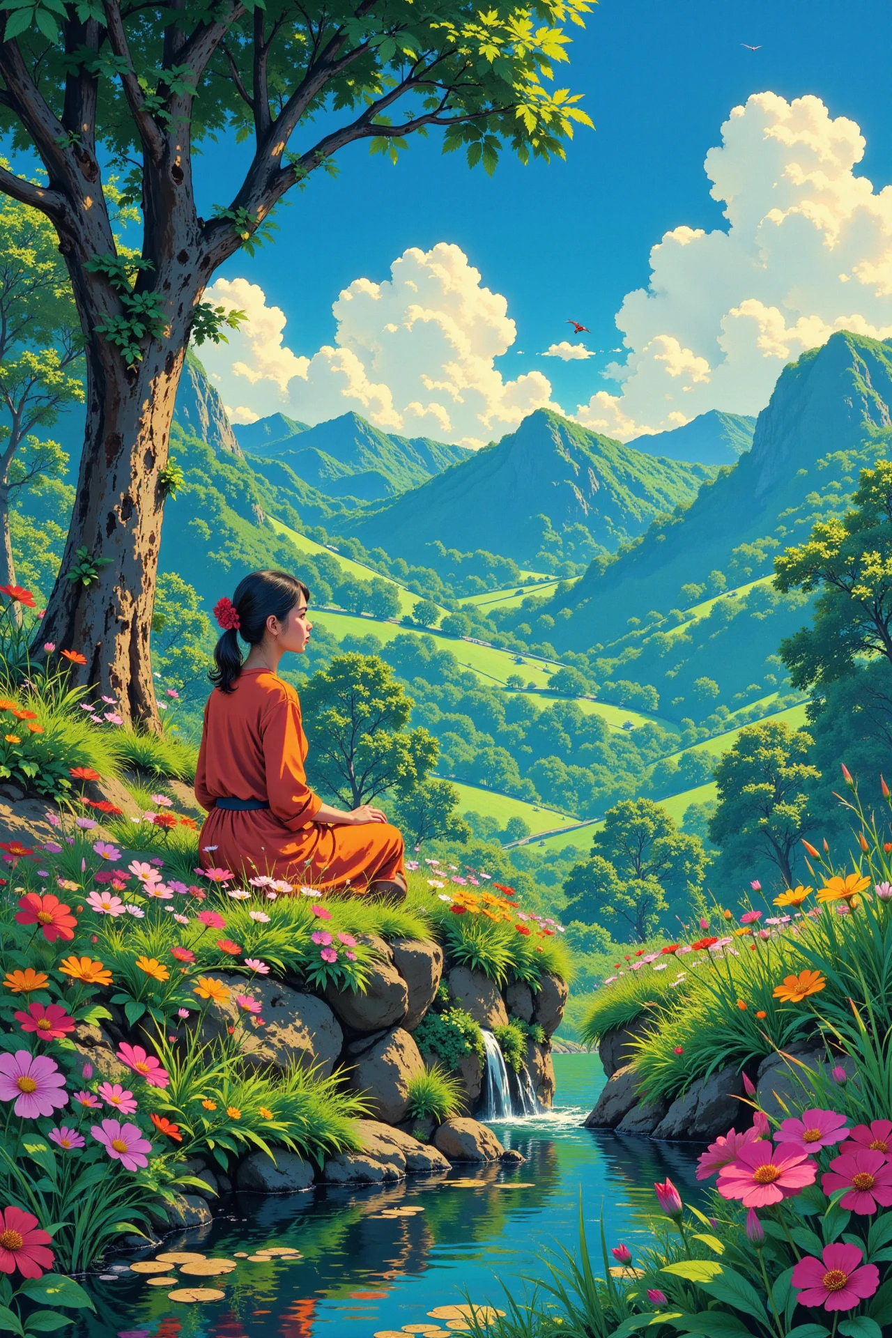 Indonesian beautiful  landscape, morning, woman, very intricate, very detailed, sharp, bright, colorful, <lora:Hand v2:0.5> <lora:Anti-Blur:1><lora:Insane Detail Slider:0.25>  <lora:flux.1_lora_flyway_Epic-detail_v2:0.3> <lora:fluxenhancer:0.25> <lora:ROWER:0.8>  <lora:Anime_style:0.6> anime style