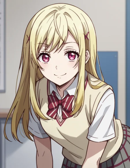 score_9, score_8_up, score_7_up, source_anime, <lora:urara-shiraishi-s1-ponyxl-lora-nochekaiser:1>, urara shiraishi, long hair, blonde hair, pink eyes, hair clip, x hair ornament,, skirt, bow, school uniform, jacket, plaid, plaid skirt, sweater vest, shirt, white shirt, collared shirt,, indoors, bent over, smile, smug, looking at viewer, solo,, cowboy shot, dutch angle