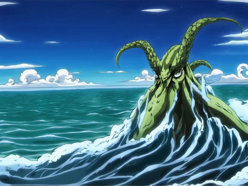 Cthulhu rising from the sea in a great storm, Very detailed, clean, high quality, sharp image, jojoso style <lora:SDXL-jojoso_style-Lora:1>, based on H.P Lovecraft stories