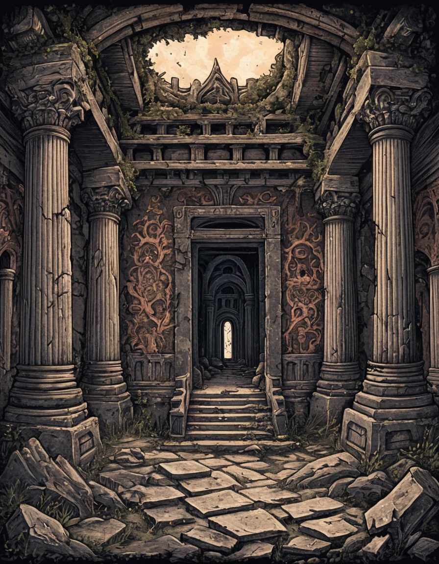 novuschroma81 style abandoned temple with crumbling walls and faded frescoes illustration <lora:novuschroma81 style:1>
