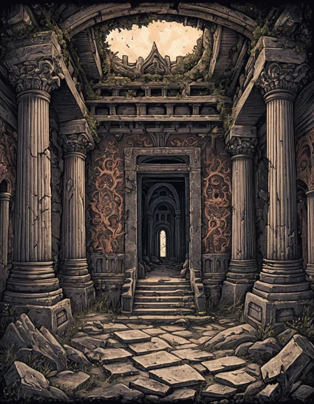 novuschroma81 style abandoned temple with crumbling walls and faded frescoes illustration <lora:novuschroma81 style:1>